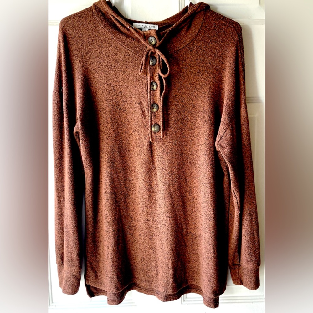 Green Envelope Marled Brown Black Henley Button Light Hooded Sweater Size Medium